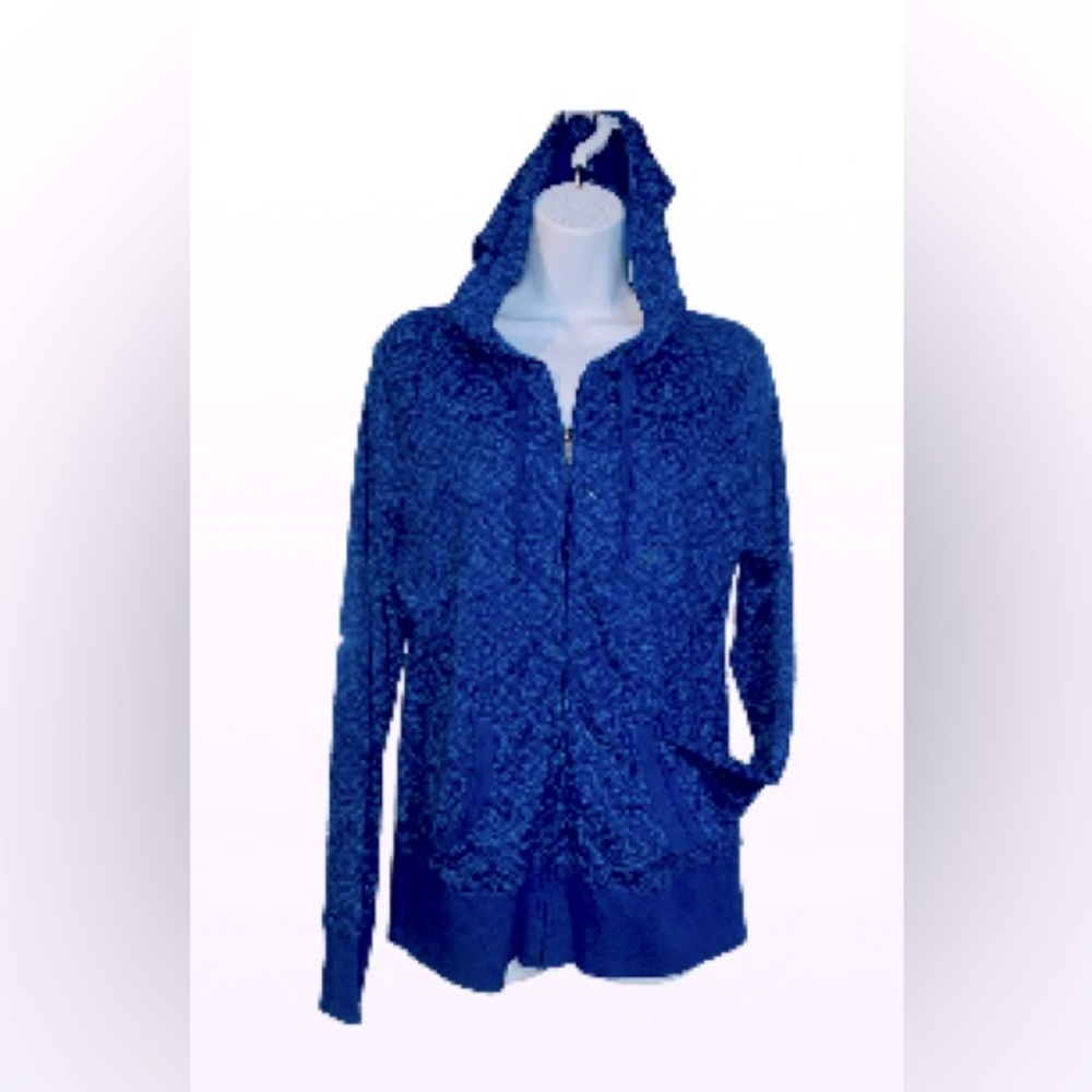 Eddie Bauer, large zip up hooded sweatshirt, blue/ black, white design NWOT